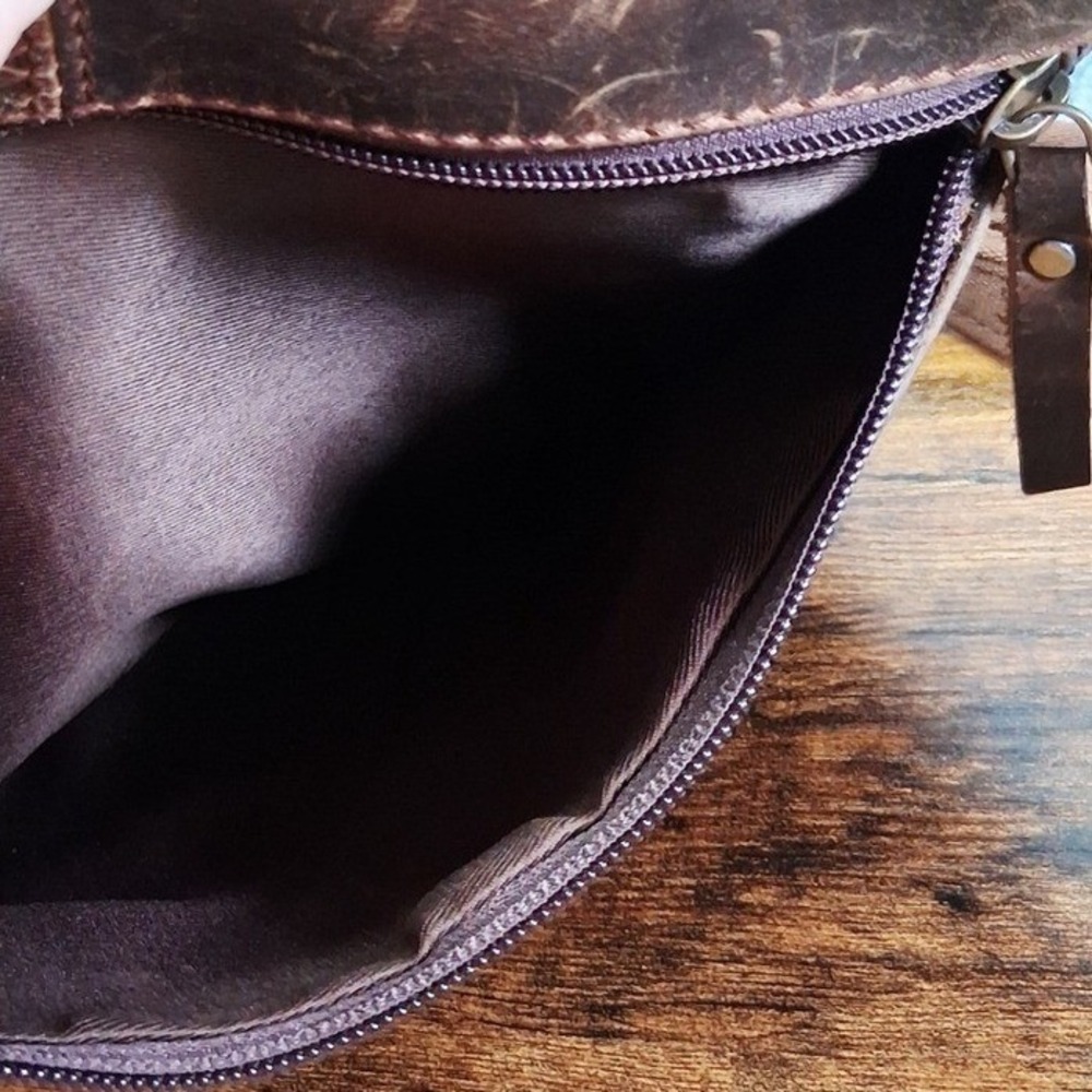 Distressed Brown Leather Crossbody Bag Multi Pocket Messenger Purse Cowgirl Boho - Picture 8 of 12